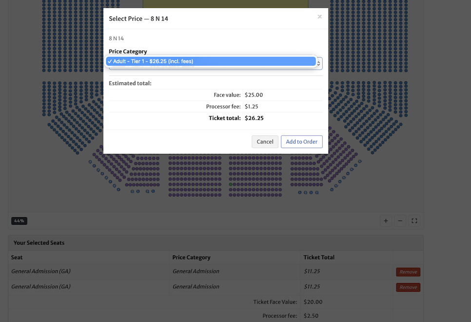 A patron picking a price in the TixPro 8 online store, with the ticket's face value, the processor fee and the total shown before it goes in the order